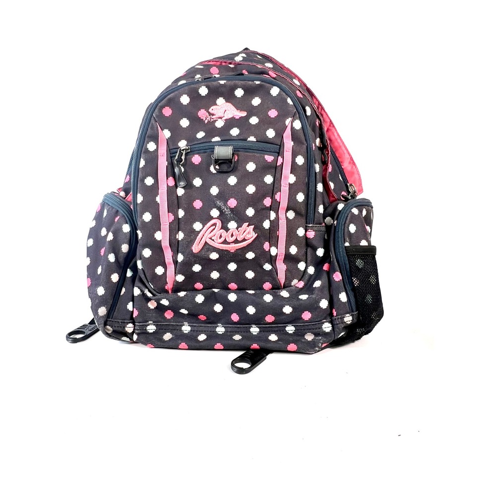 Roots Backpack Polka Dot Pink Teal Gray Multi Pocket School Travel Bag